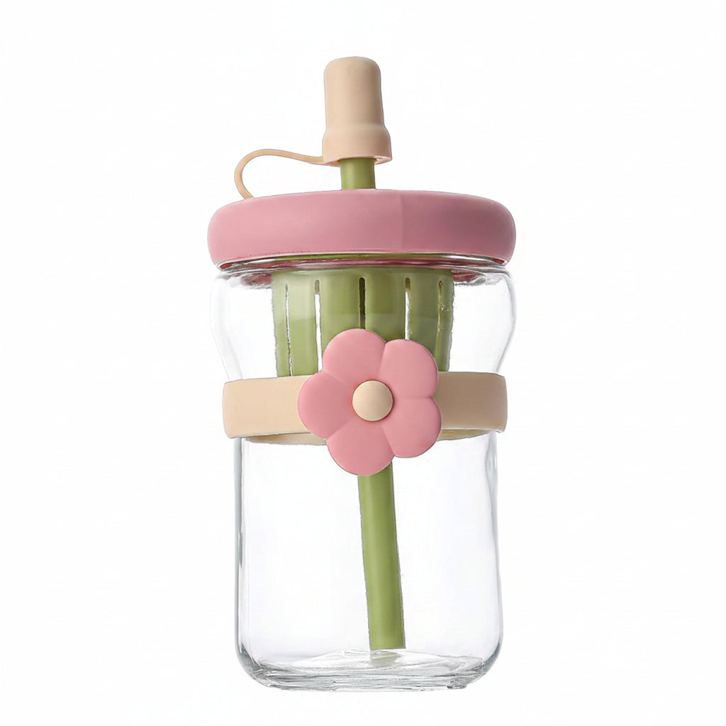 Vaso Vidrio Con Bombilla Y Filtro Diseño Flor 500ml