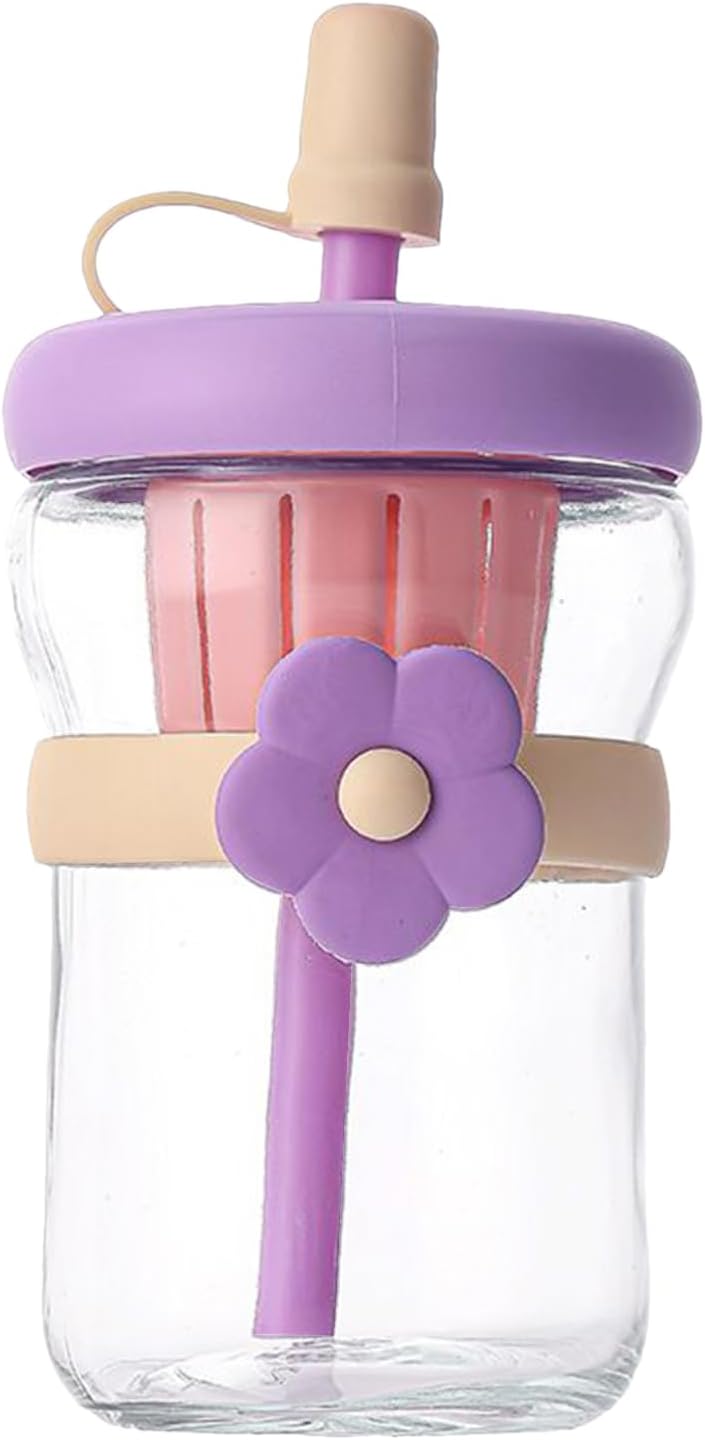 Vaso Vidrio Con Bombilla Y Filtro Diseño Flor 500ml