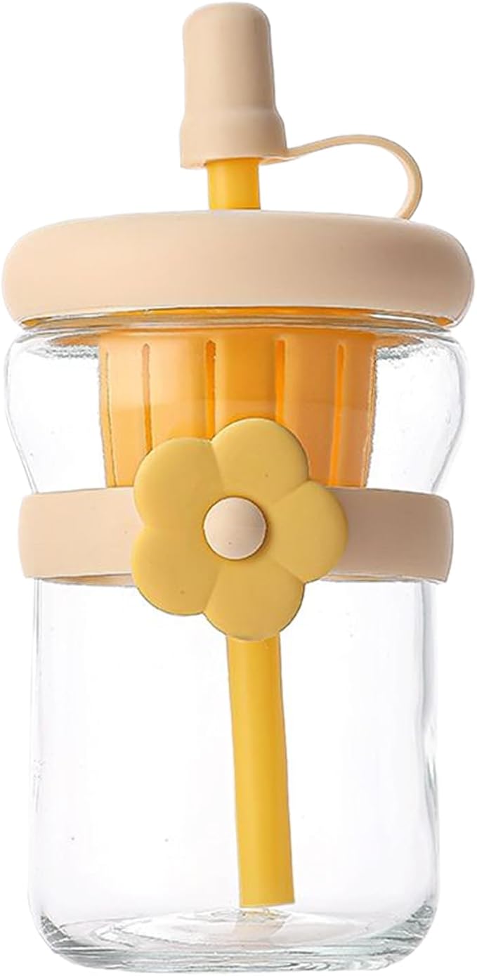 Vaso Vidrio Con Bombilla Y Filtro Diseño Flor 500ml